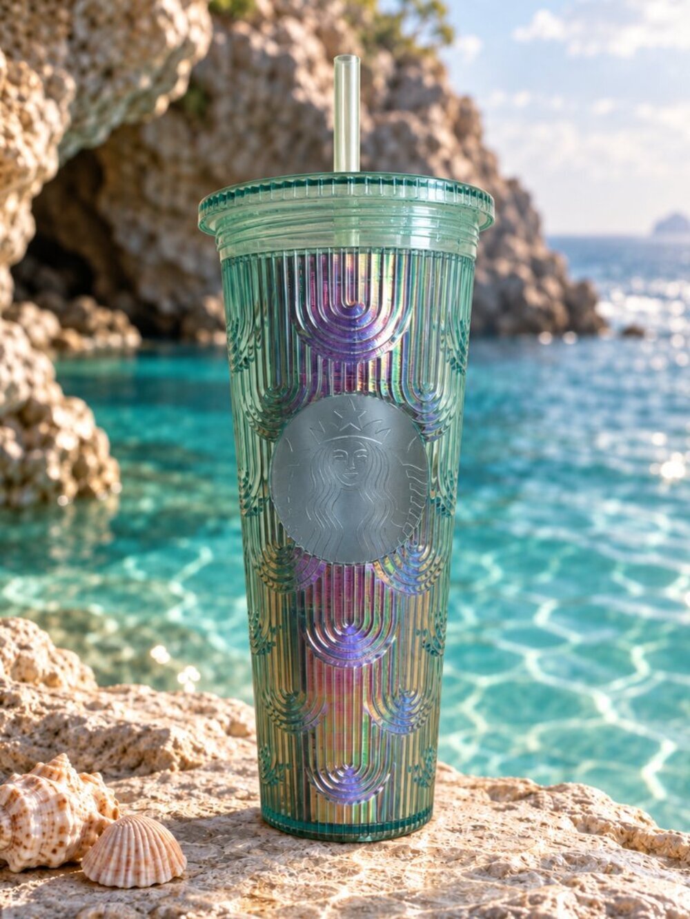 Starbucks 2022 Iridescent Mermaid Scale Cold Cup 24oz Venti Green Purple Tumbler